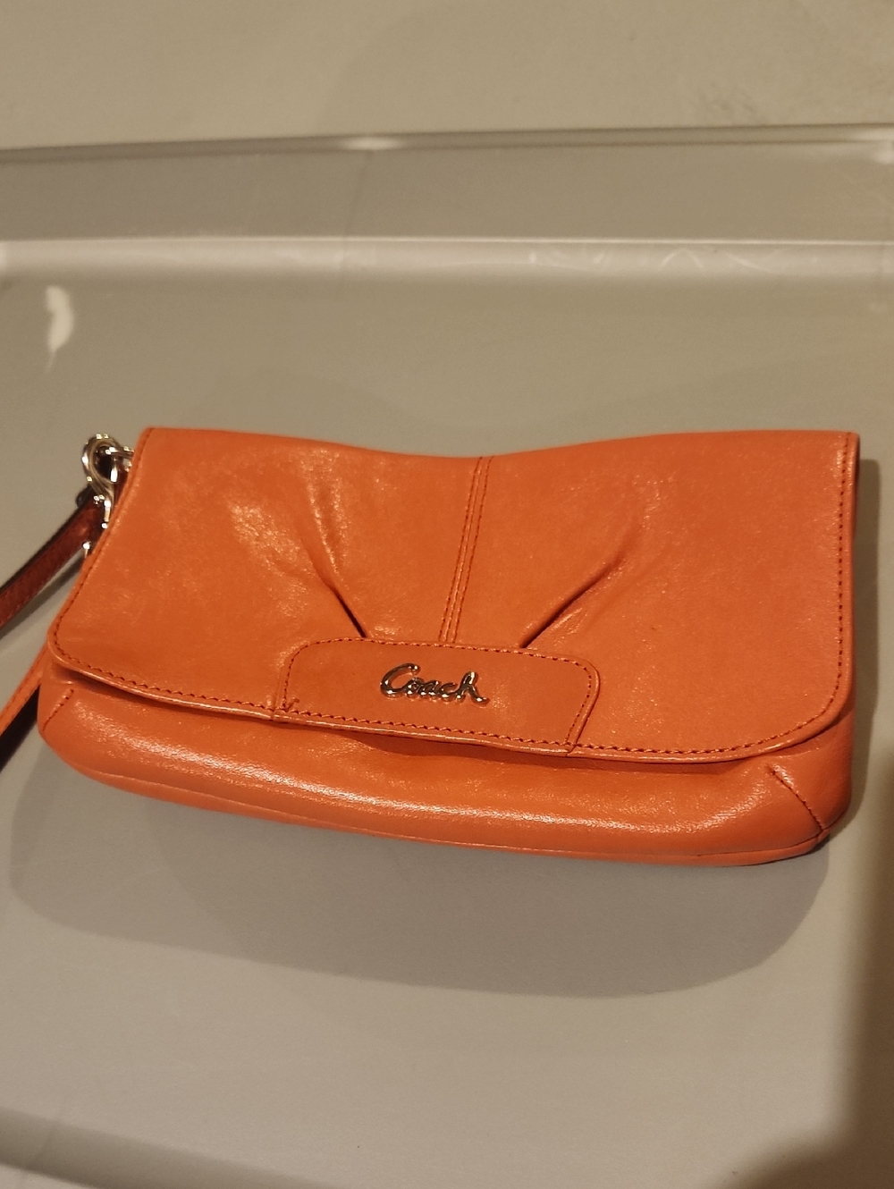 Coach Coral Leather Wristlet Clutch with Pleat Detail